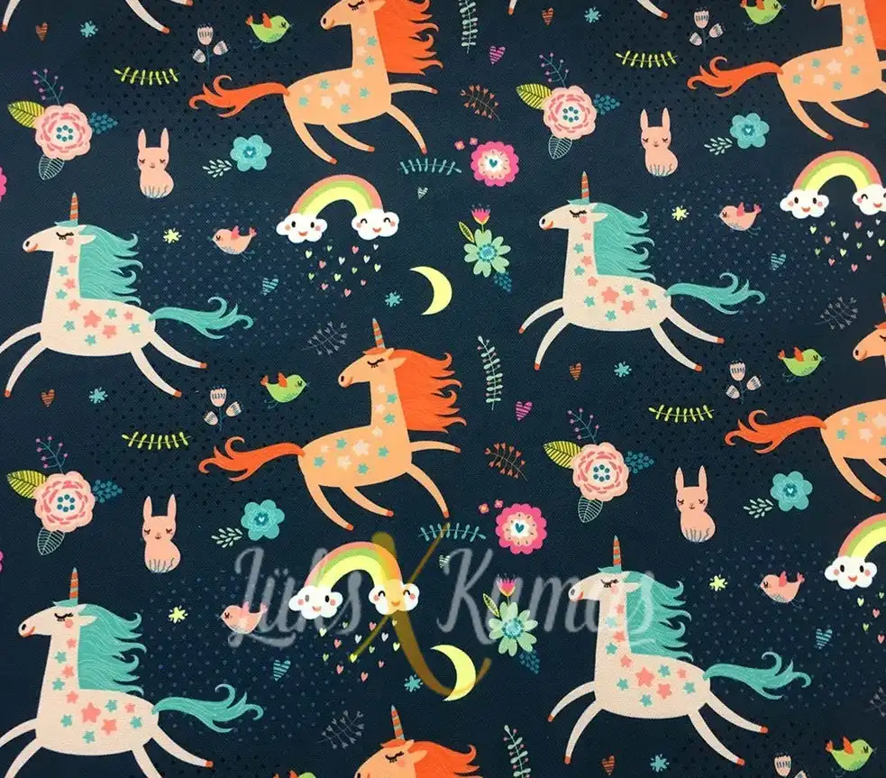 Turuncu Mavi Unicorn Çocuk Desenli Kumaş