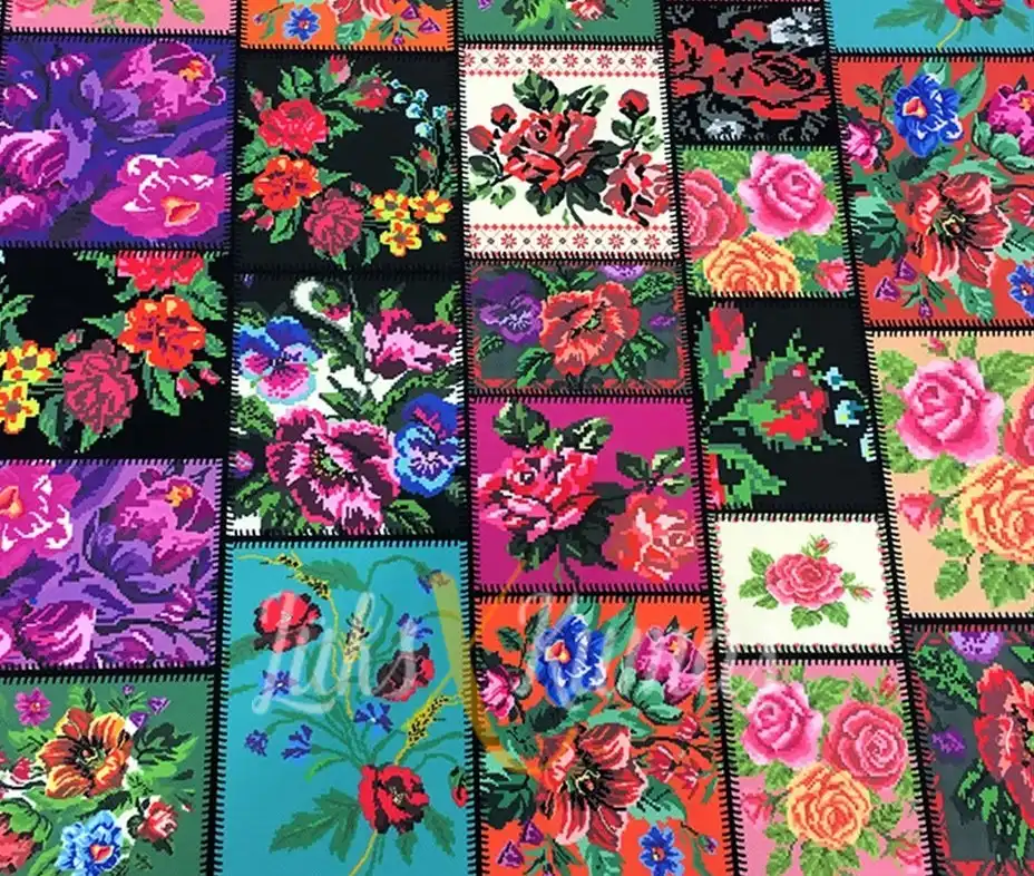 Renkli Kanaviçe Patchwork Desenli Kumaş
